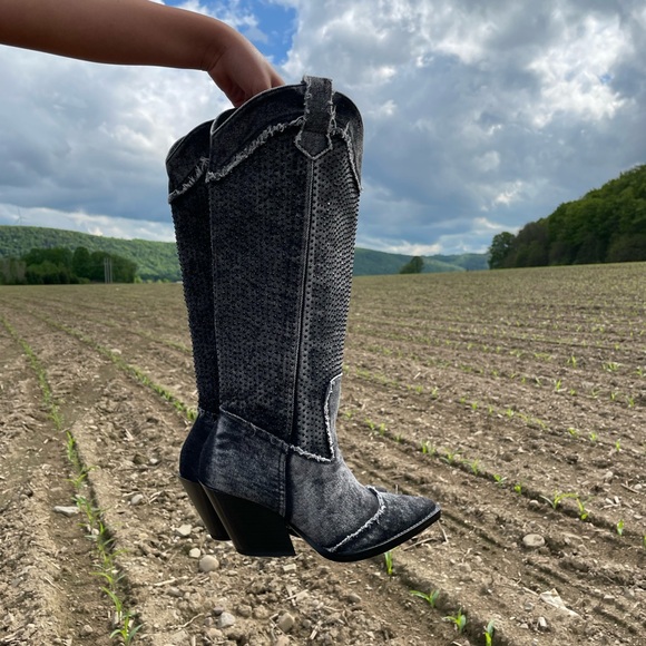 ZARA RHINESTONE DENIM COWBOY BOOTS - Picture 16 of 16